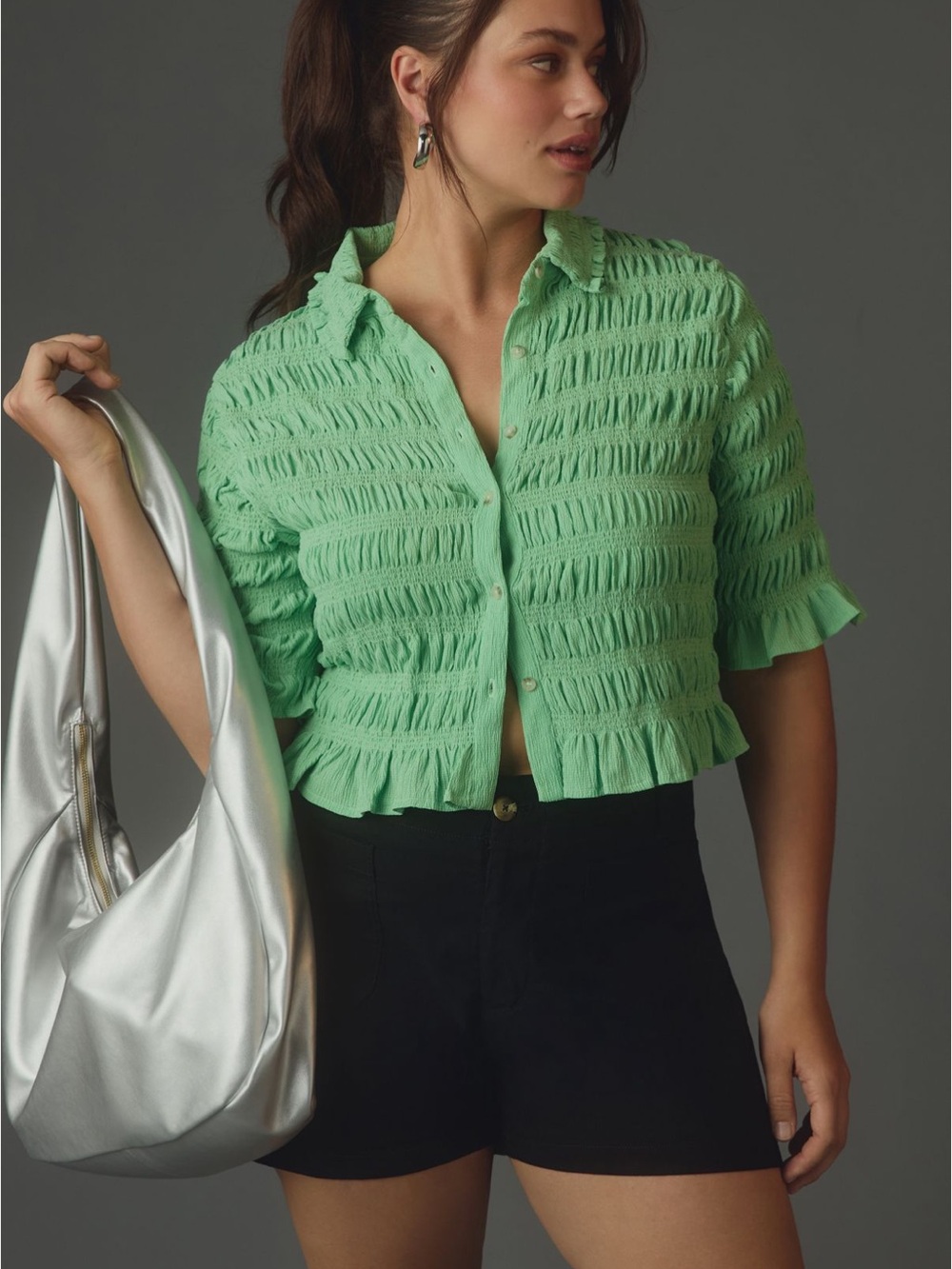 Anthropologie’s Maeve Textured Cropped Button-Down Top in Mint Green